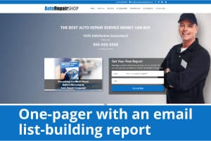 Screenshot of One-pager website with an email list-building report